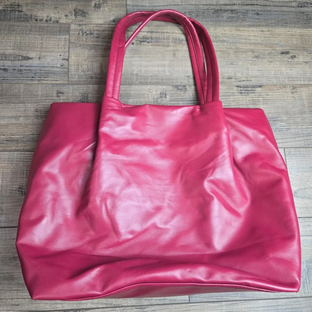 Neiman Marcus Berry Red Vegan Leather Slouchy Tote Bag Pouch Soft Quiet Luxury